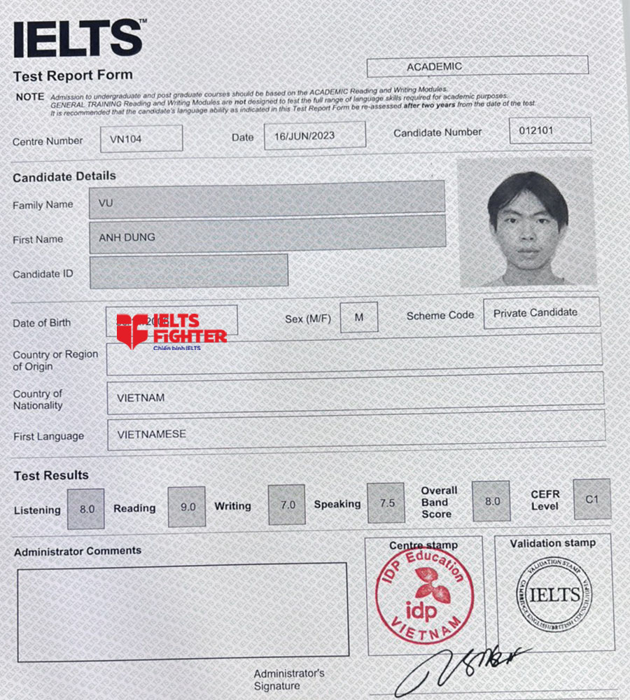 bảng điểm anh dũng 8.0 ielts
