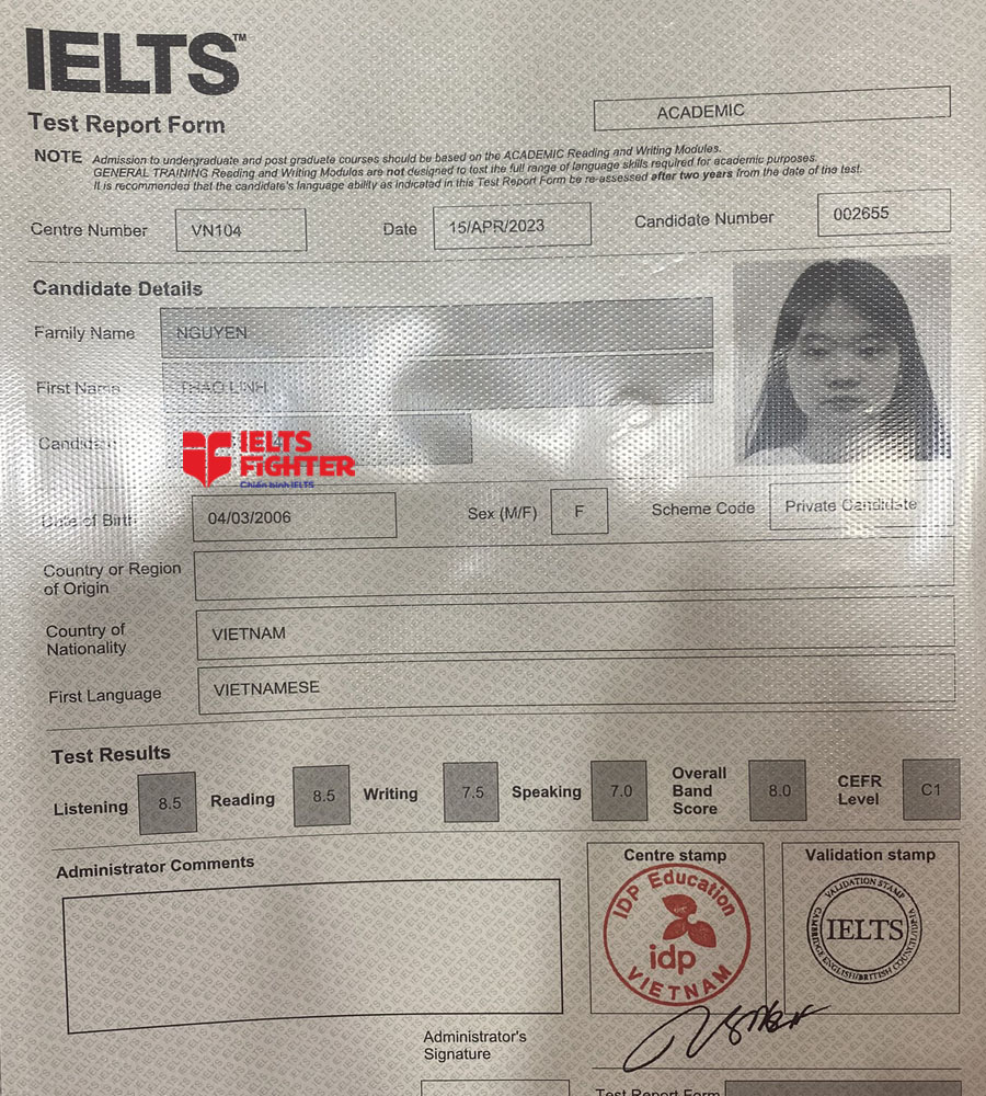 bảng điểm thảo linh 8.0 ielts