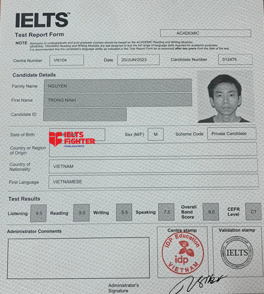 bảng điểm trọng ninh 8.0 IELTS