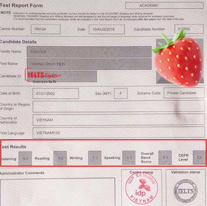 học vi&ecirc;n Thủy Ti&ecirc;n 8.0 IELTS