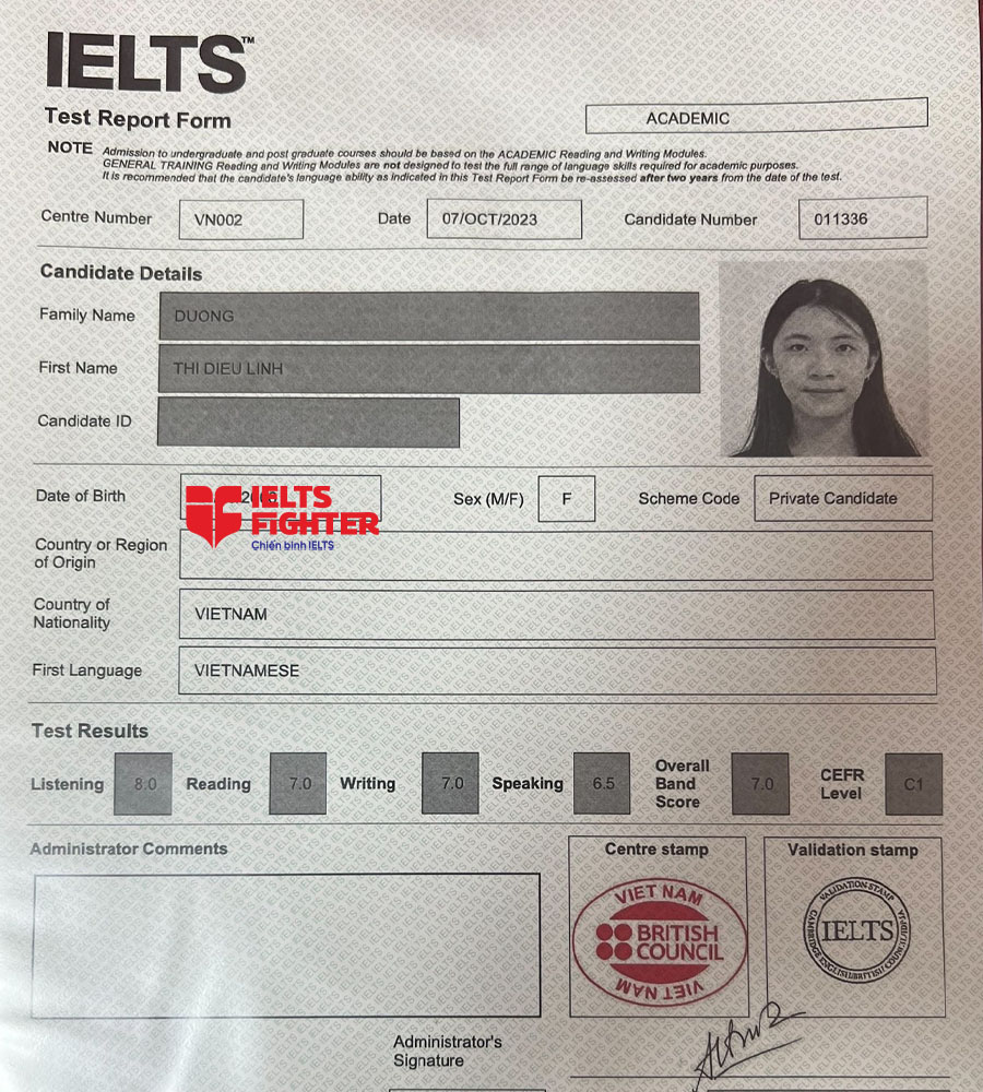 bảng điểm H&agrave; Linh 7.0 IELTS