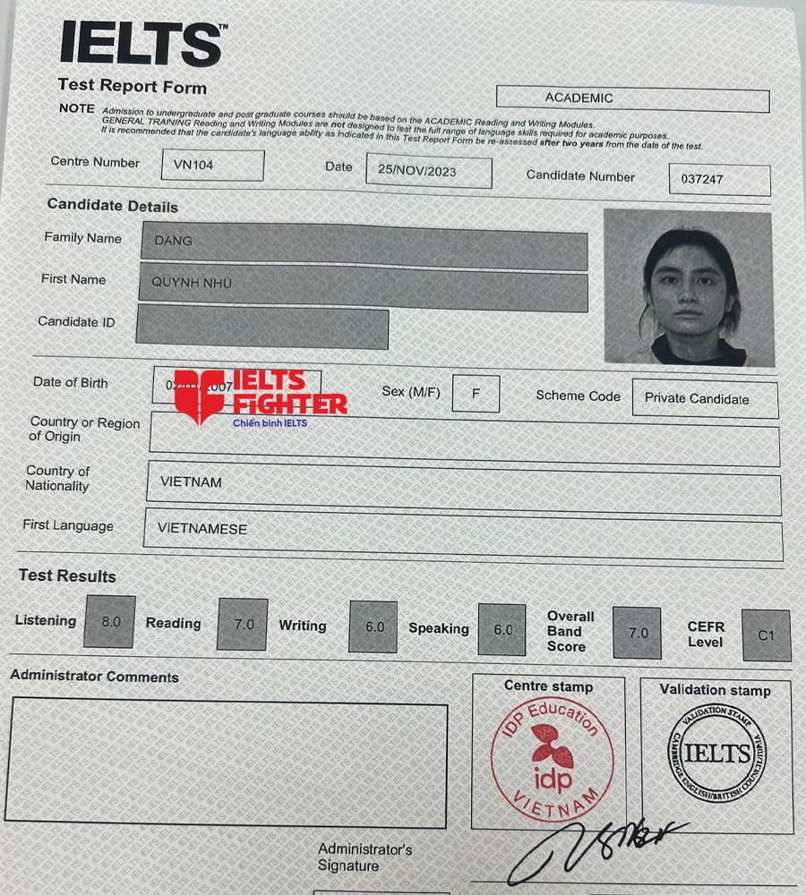 bảng điểm Kim Ng&acirc;n 7.0 IELTS