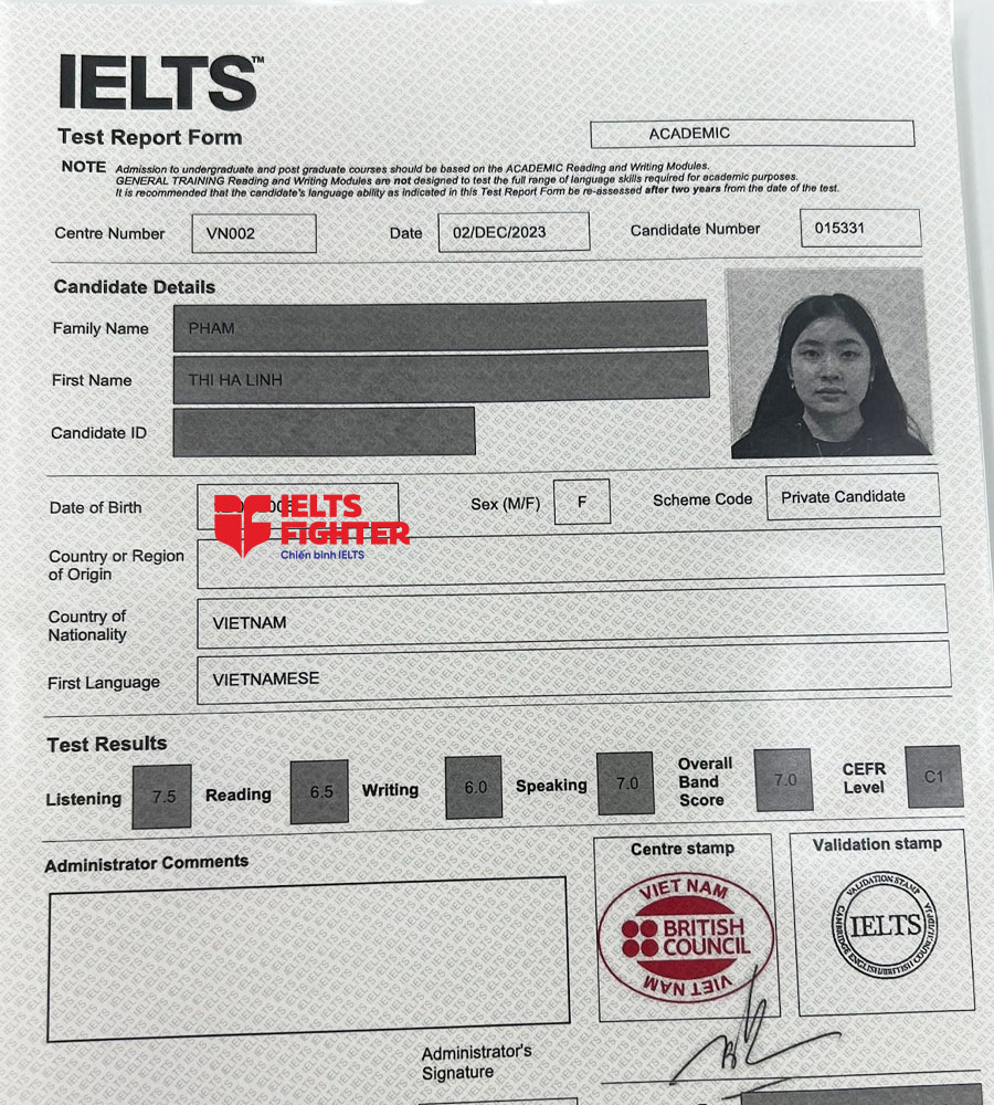 bảng điểm diệu Linh 7.0 IELTS