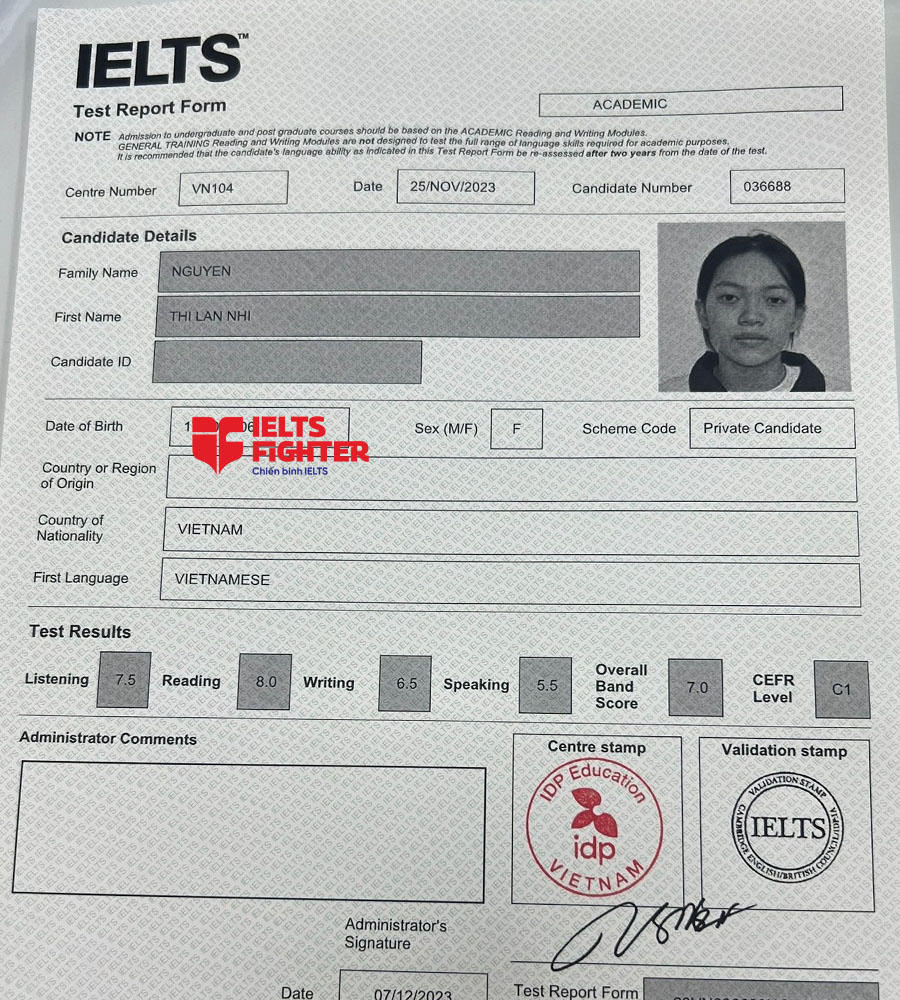 bảng điểm Lan Nhi 7.0 IELTS