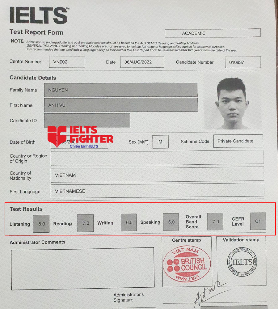 bảng điểm anh vũ - 7.0 ielts
