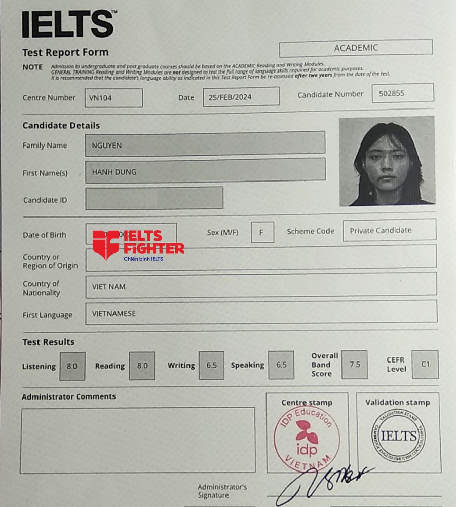 bảng điểm hạnh dung 7.5 IELTS