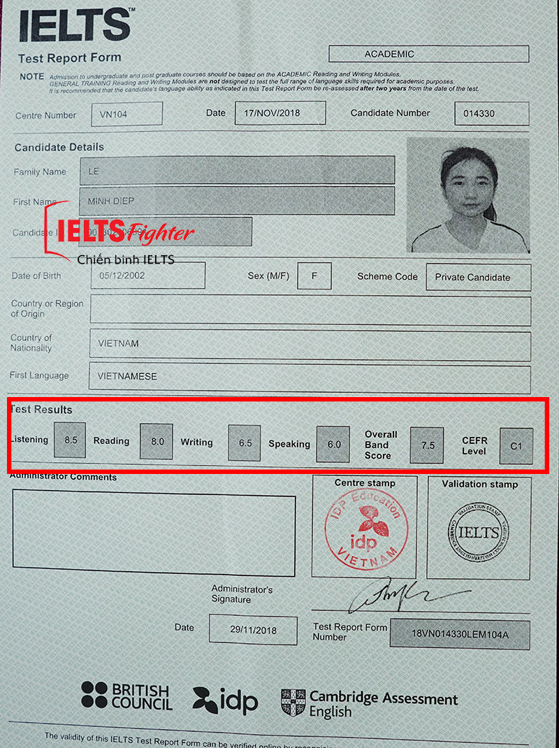 Bảng điểm của Minh Diệp