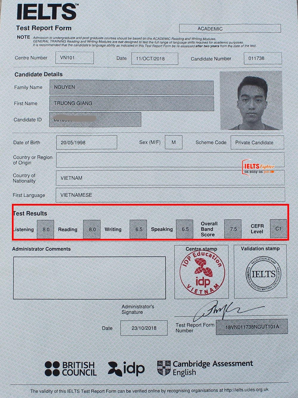 Bảng điểm học viên Trường Giang