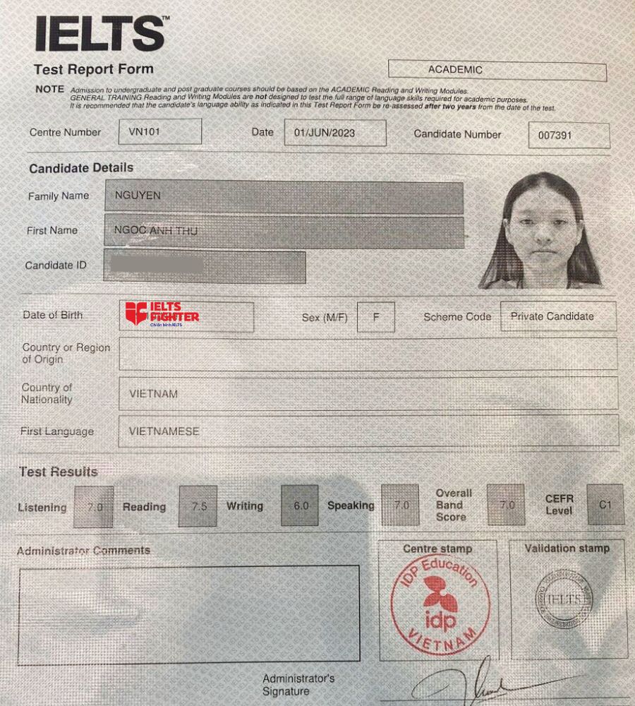 chứng chỉ 7.0 overall vượt ngo&agrave;i mong đợi của Anh Thư 