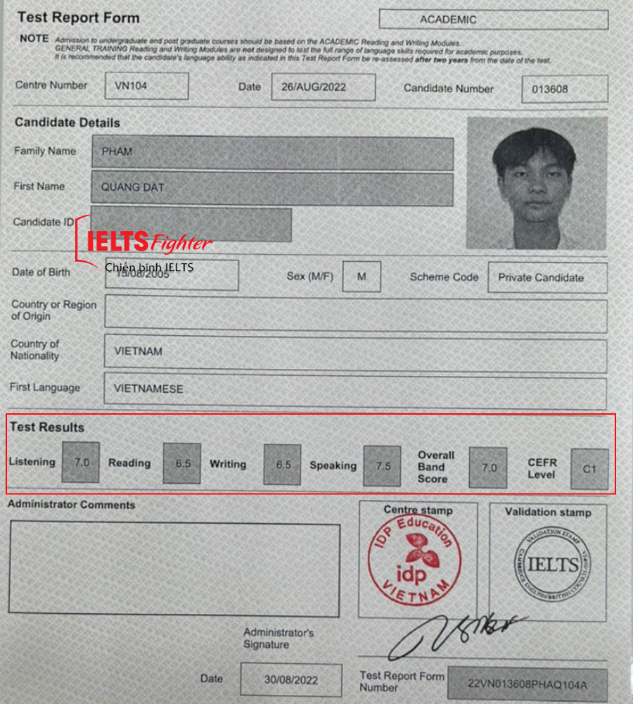 bảng điểm quang đạt 7.0 ielts