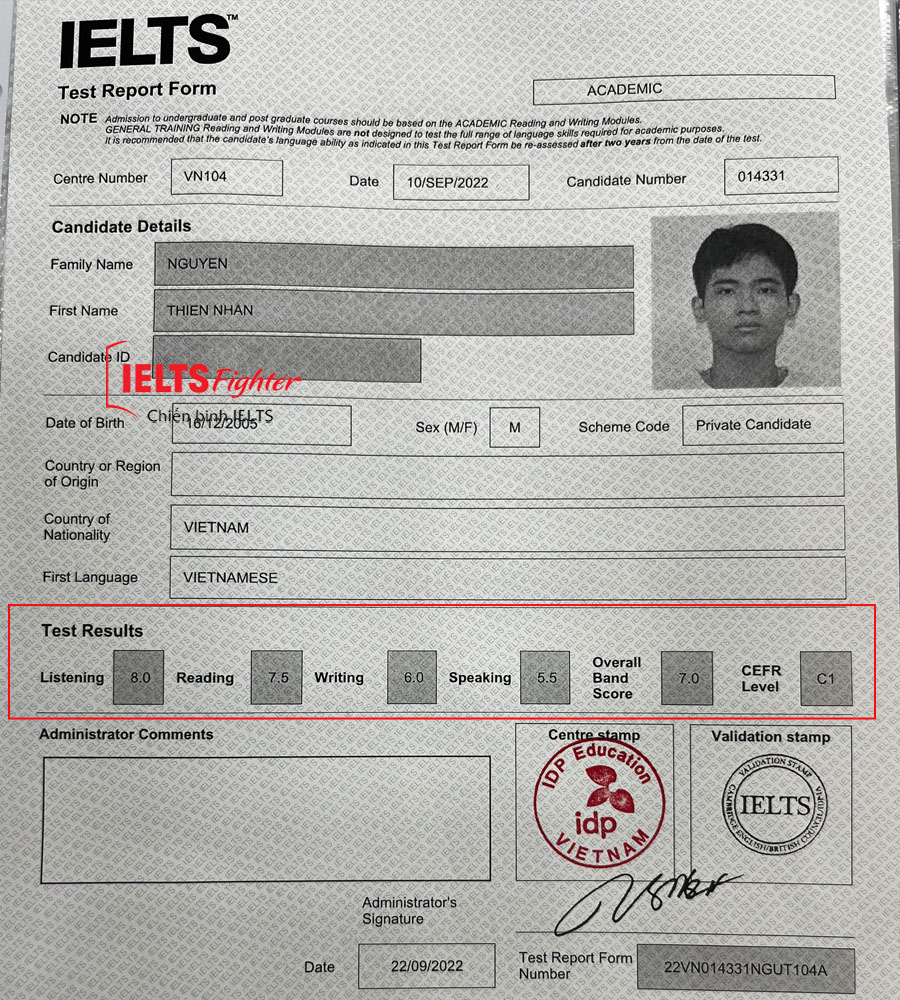bảng điểm thiện nh&acirc;n 7.0 ielts