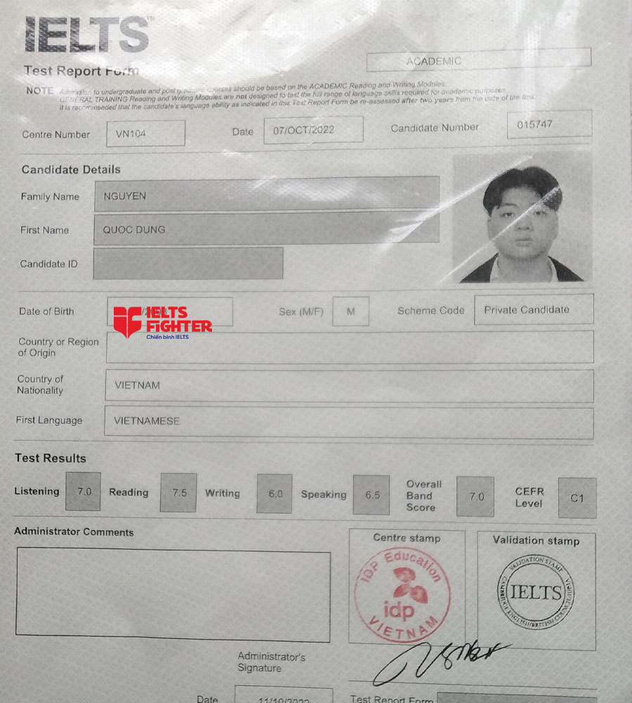 bảng điểm quốc dũng 7.0 ielts