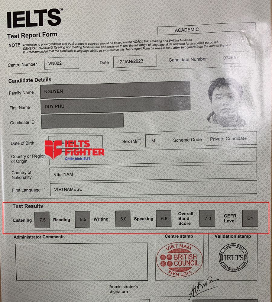 bảng điểm duy ph&uacute; 7.0 IELTS