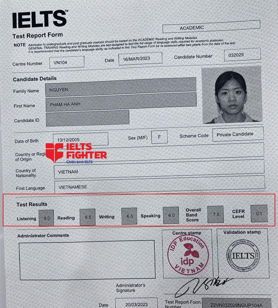 bảng điểm H&agrave; anh 7.0 IELTS