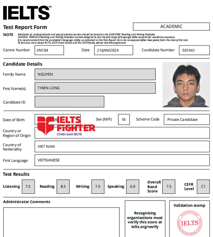 bảng điểm Thi&ecirc;n Long 7.5 IELTS