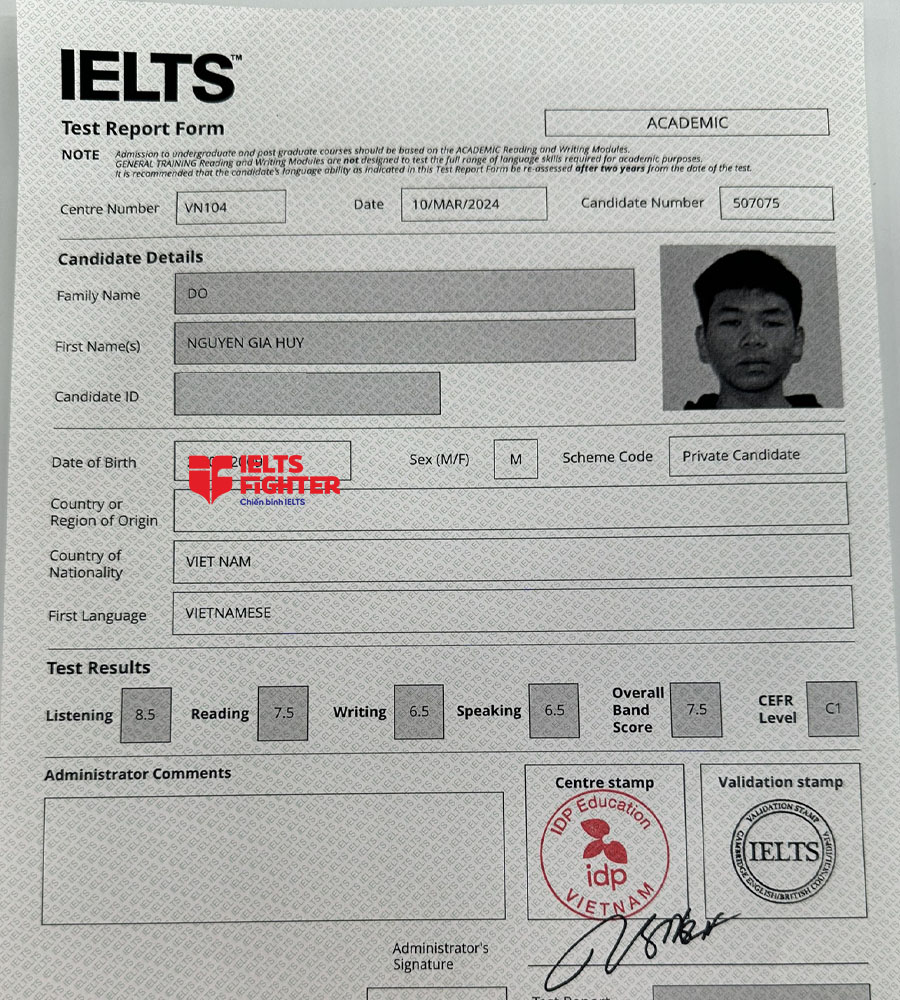 bảng điểm Gia Huy 7.0 IELTS