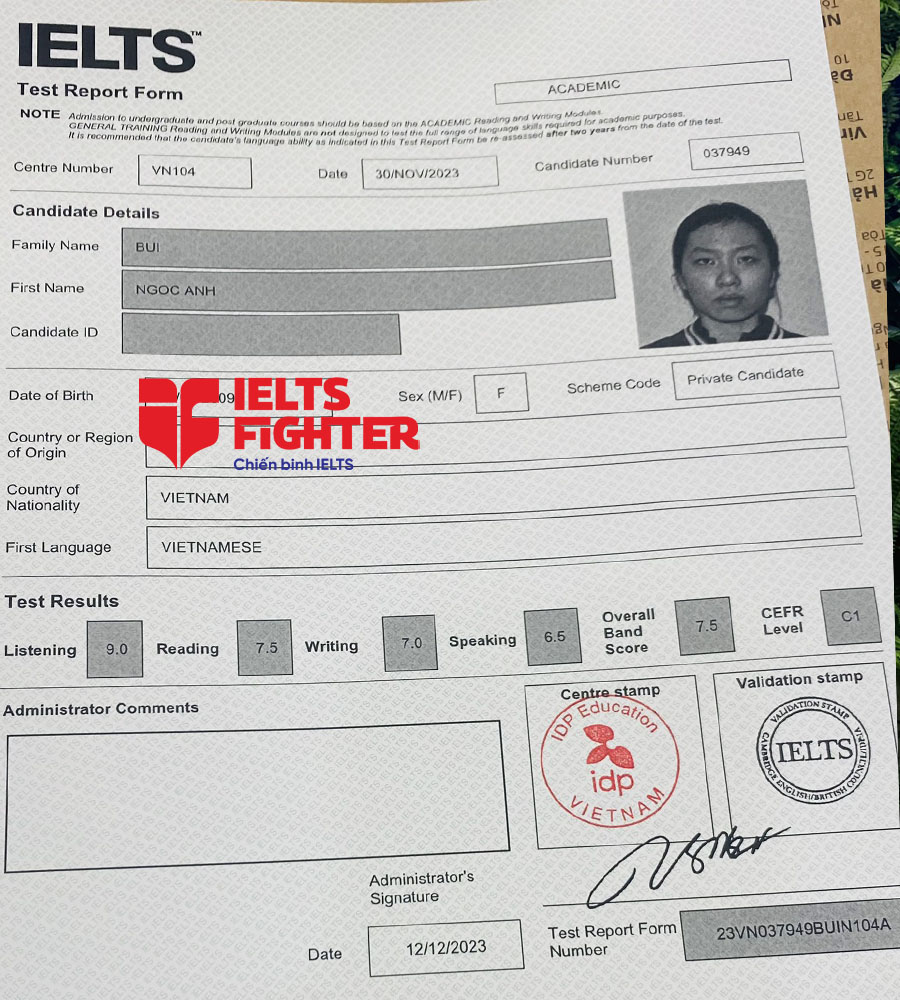bảng điểm Ngọc Anh 7.5 IELTS