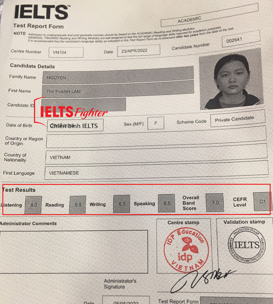 bảng điểm Thanh Lam 7.0 IELTS 