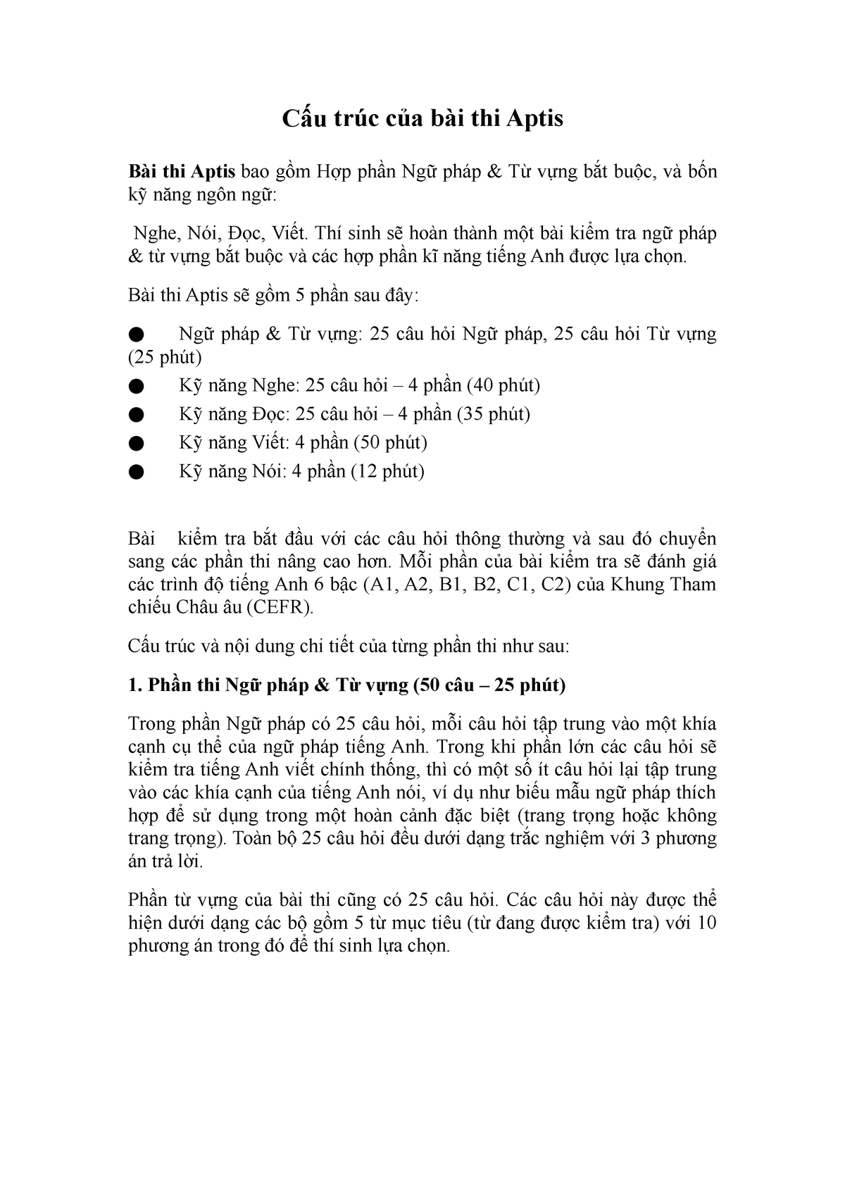 Cấu tr&uacute;c b&agrave;i thi APTIS