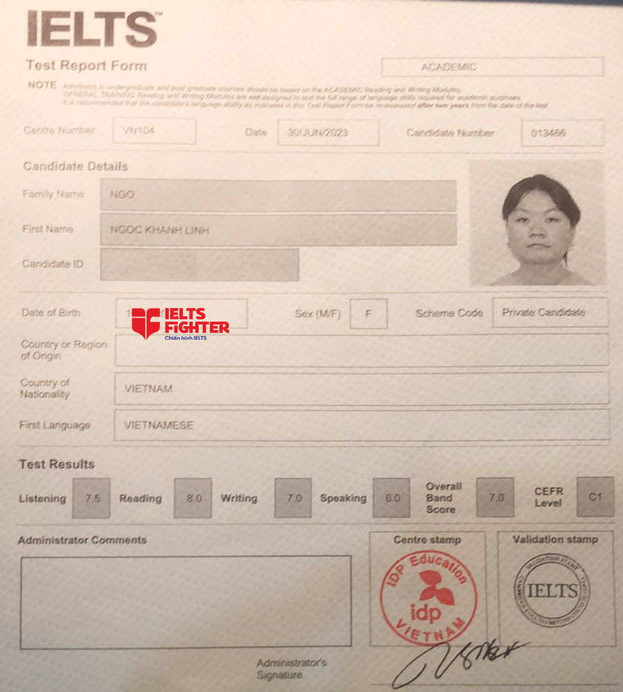 bảng điểm Khánh Linh 7.0 IELTS