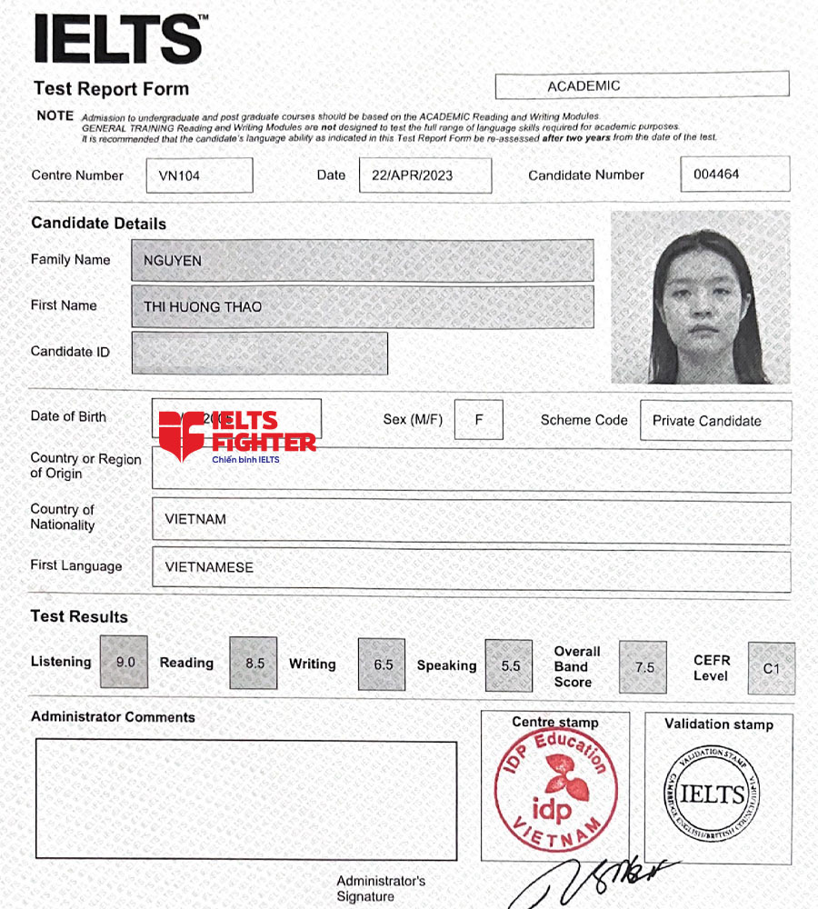 bảng điểm Hương thảo 7.5 IELTS