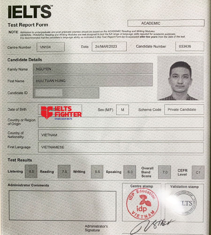 bảng điểm Nguyễn Hữu Tuấn Hùng 7.0 IELTS