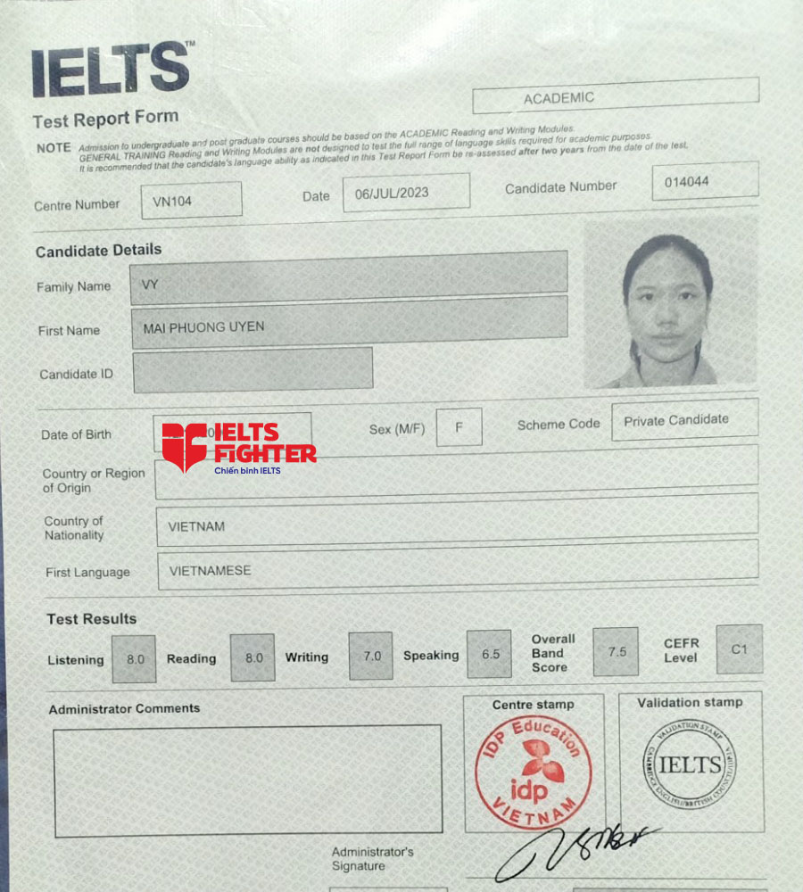 bảng điểm Phương uyên 7.5 IELTS