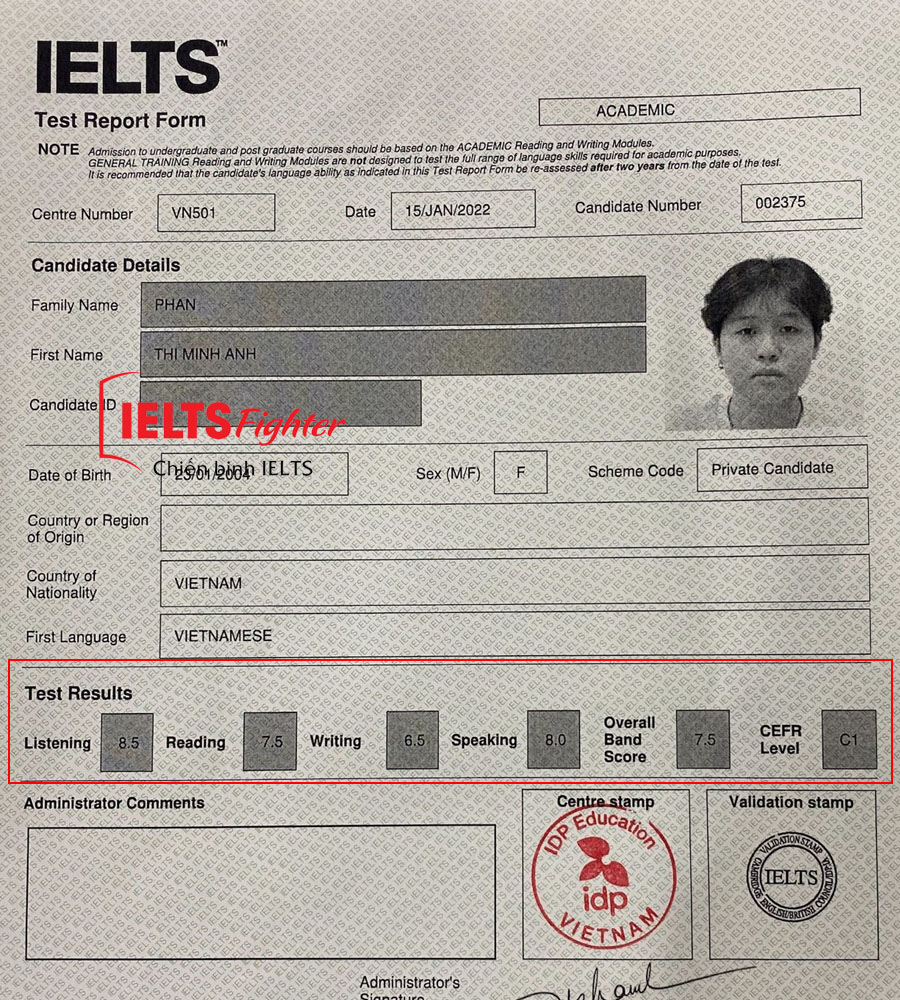 bảng điểm Minh anh 7.5 IELTS 