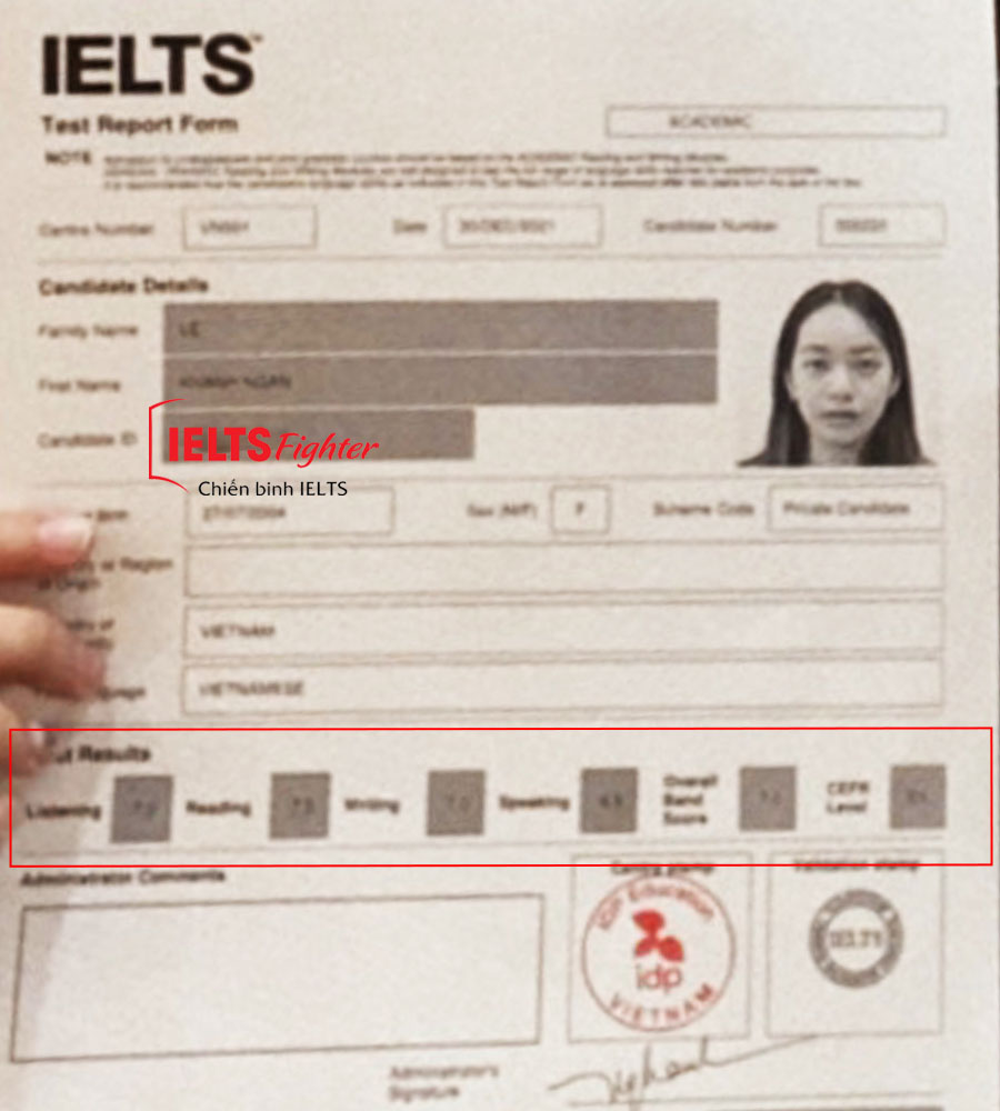 bảng điểm Kh&aacute;nh Ng&acirc;n 7.0 IELTS