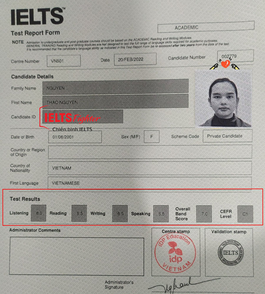 bảng điểm thảo nguy&ecirc;n 7.0 IELTS
