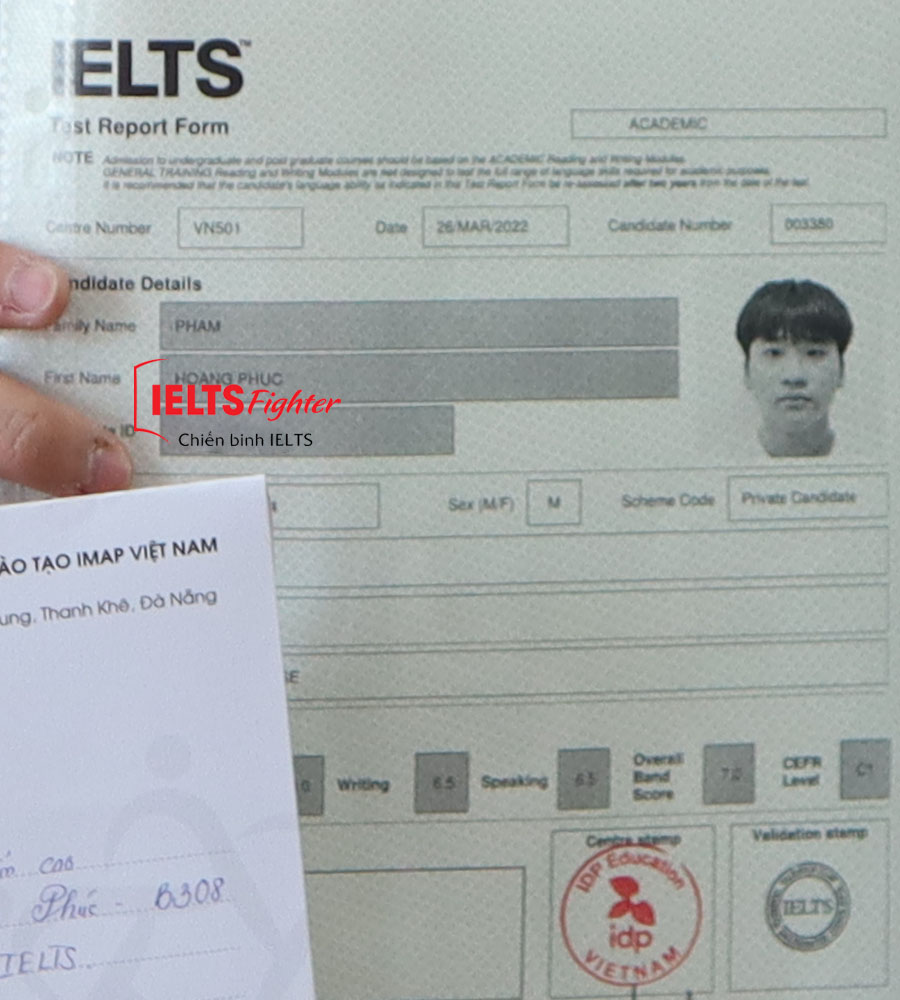 bảng điểm Ho&agrave;ng Ph&uacute;c 7.0 IELTS