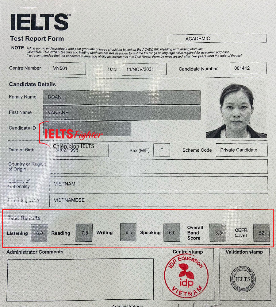 bảng điểm v&acirc;n anh 6.5 IELTS