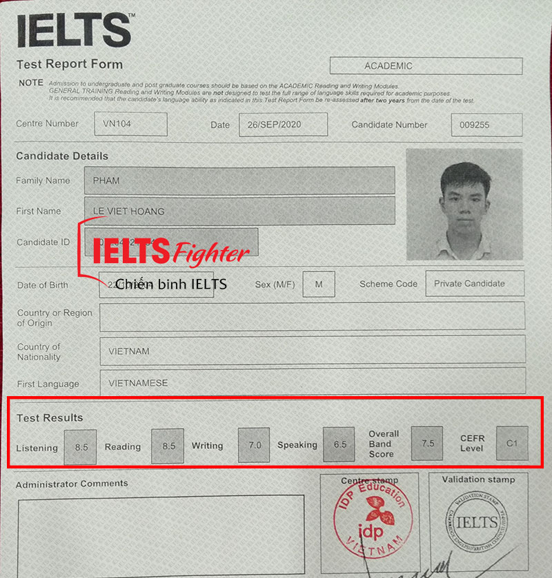 bảng điểm Việt Hoàng 7.5 IELTS