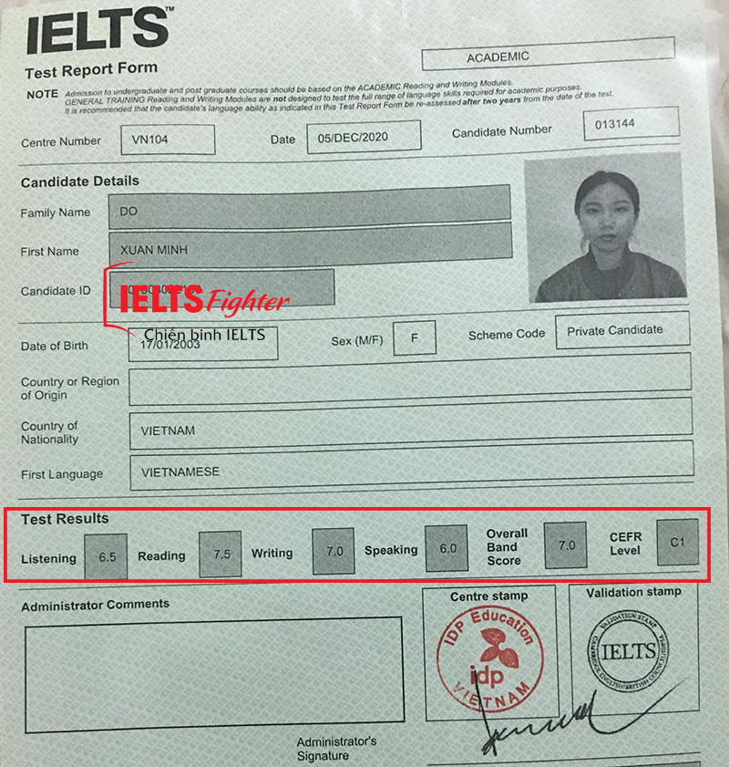 Đỗ Xuân Minh - 7.0 IELTS - bảng điểm