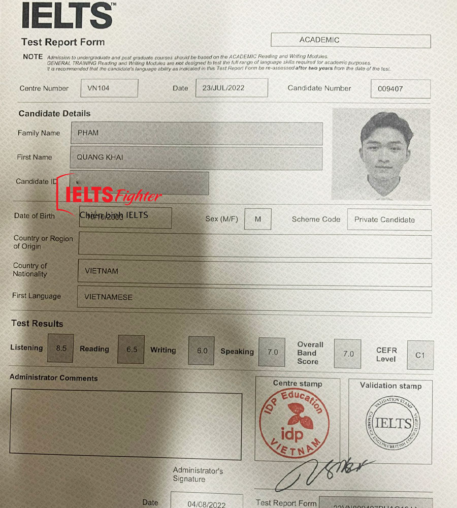 quang khải 7.0 IELTS bảng điểm