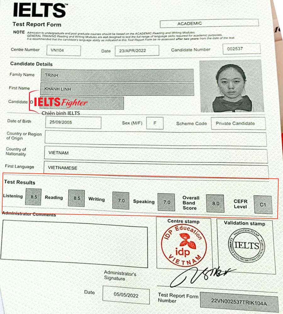 kh&aacute;nh linh 8.0 ielts