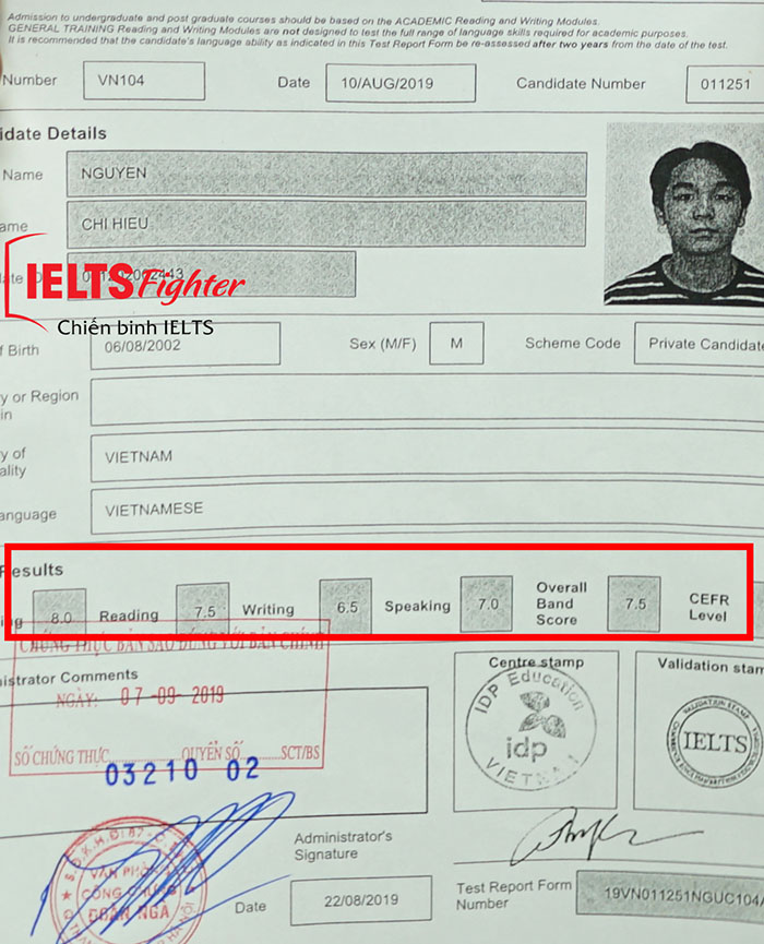 bảng điểm học viên điểm cao Chí Hiếu 7.5 IELTS