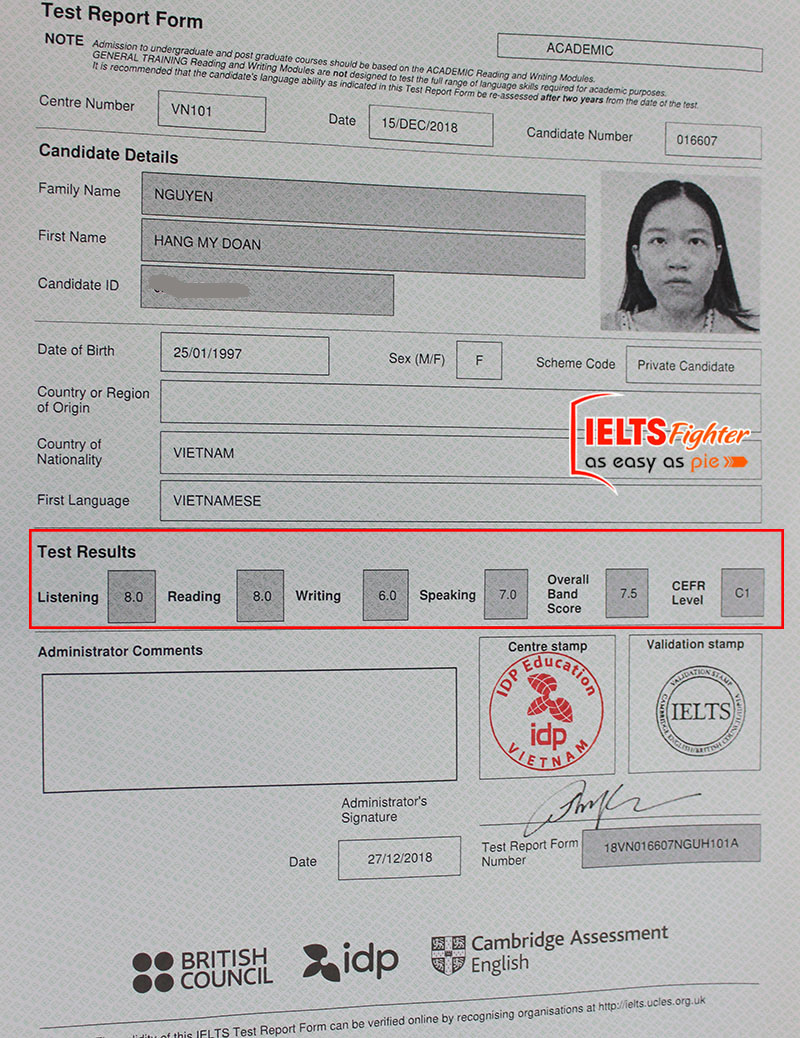Bảng điểm 7.5 IELTS của My Đoan