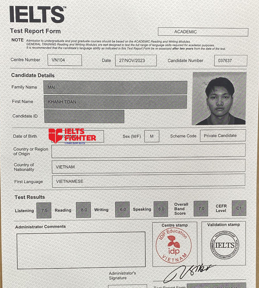 bảng điểm Kh&aacute;nh to&agrave;n 7.0 IELTS