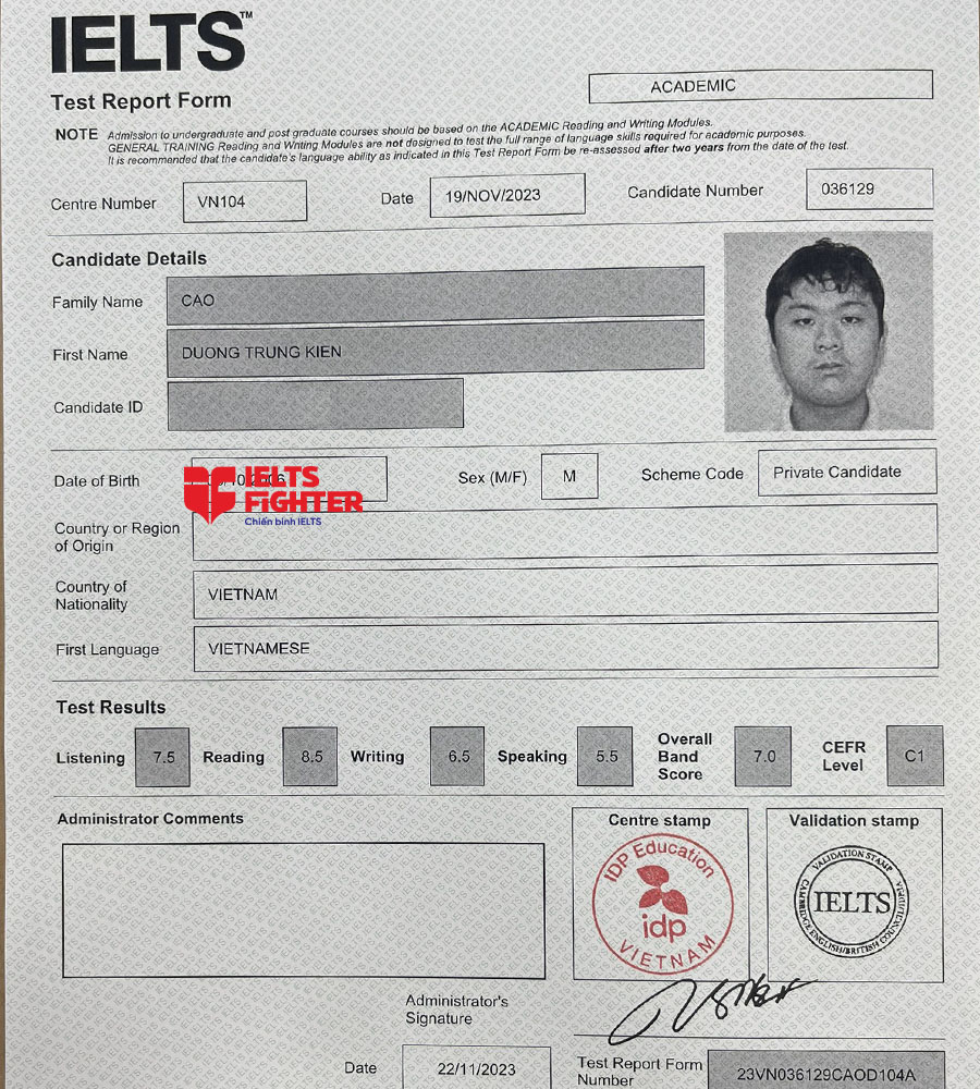bảng điểm Trung ki&ecirc;n 7.0 IELTS