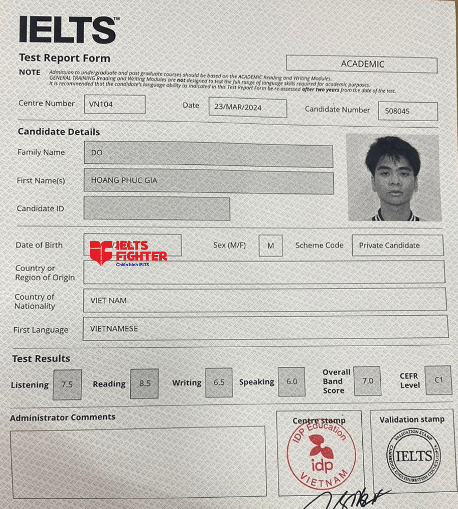 bảng điểm Phục Gia 7.5 IELTS