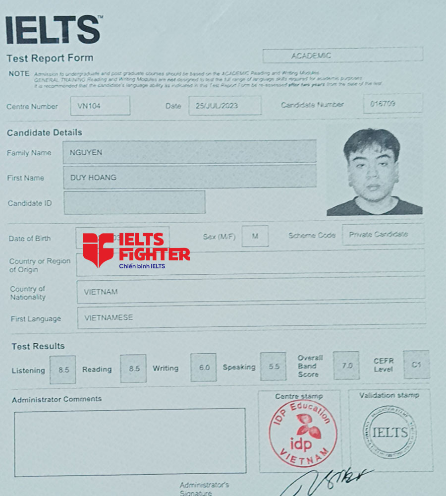 bảng điểm Duy Ho&agrave;ng 7.0 IELTS