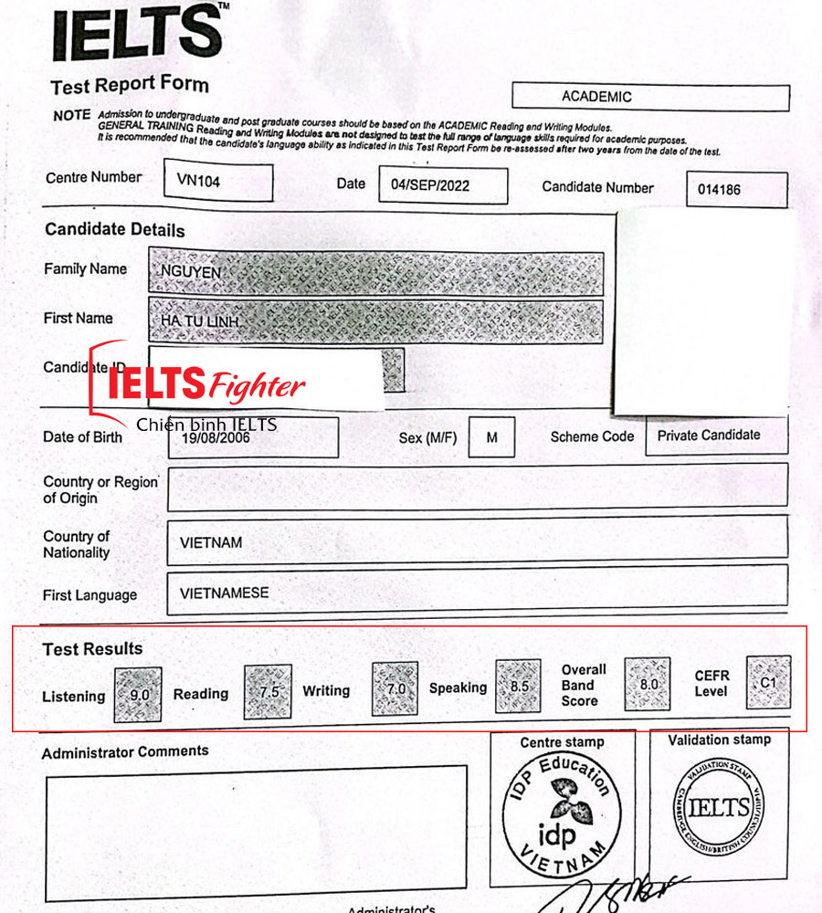bảng điểm Linh 8.0 IELTS 