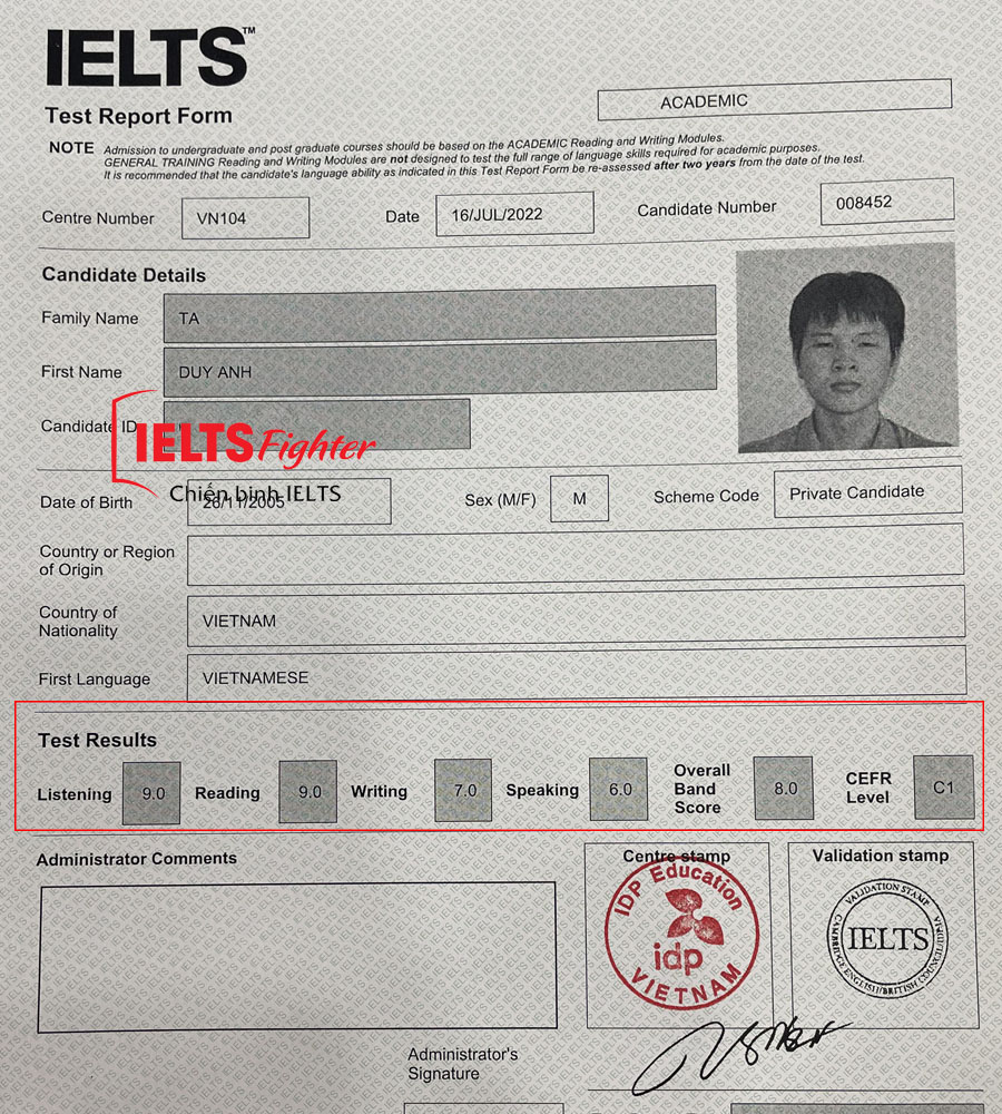 bảng điểm duy anh 8.0 IELTS