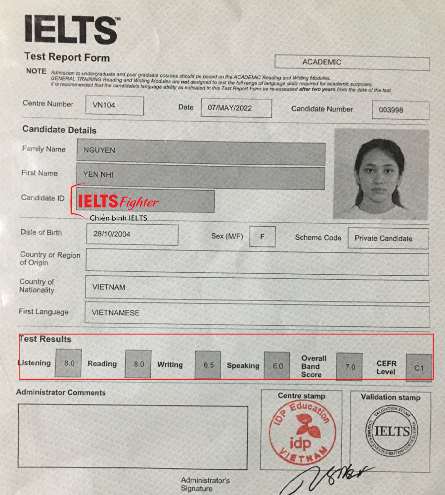 Yến Nhi 7.0 IELTS bằng 