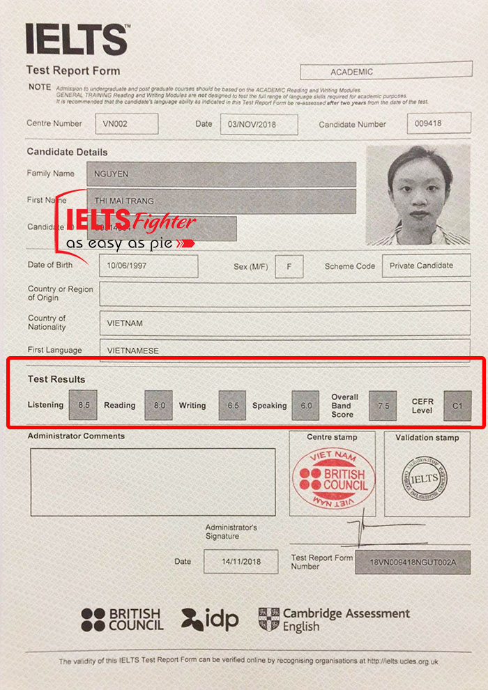 Bảng điểm học viên Mai Trang - sinh viên tài chính