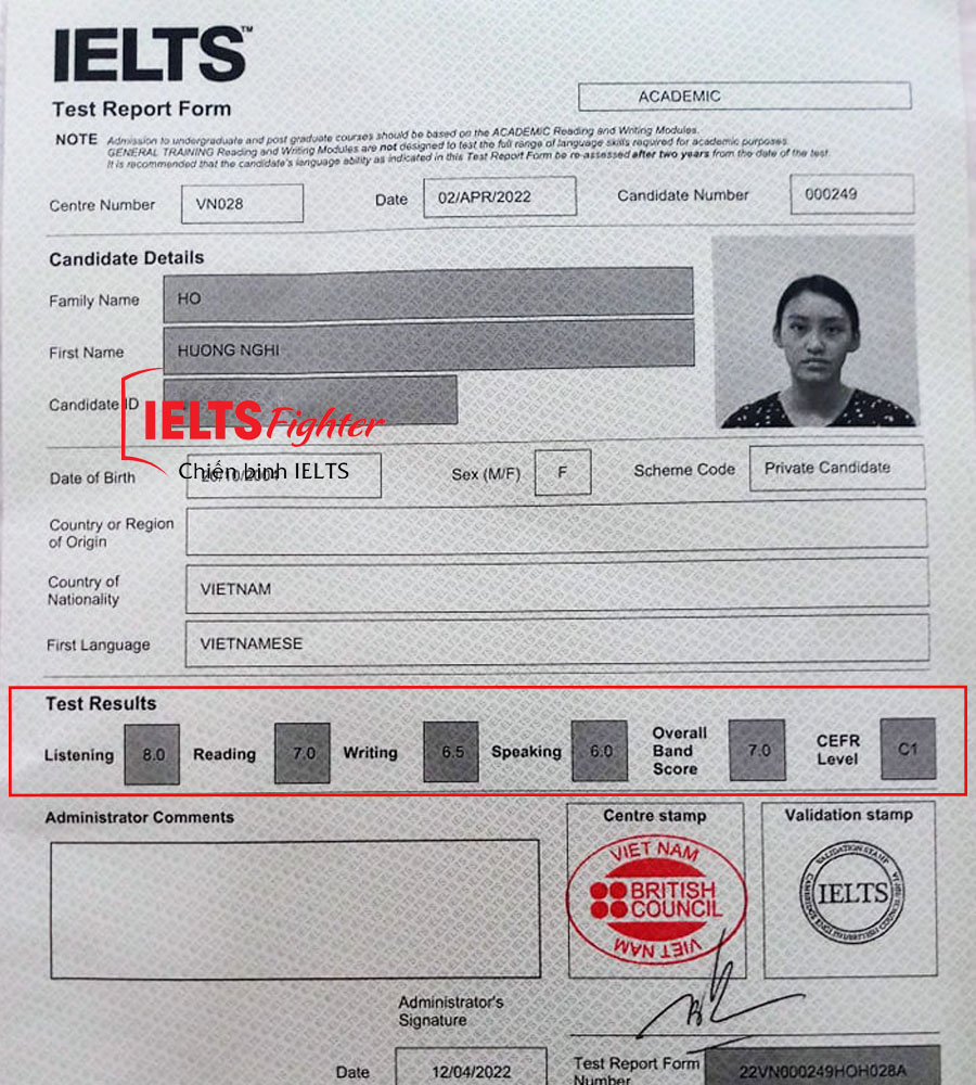 hồ hương nghi 7.0 ielts bảng điểm