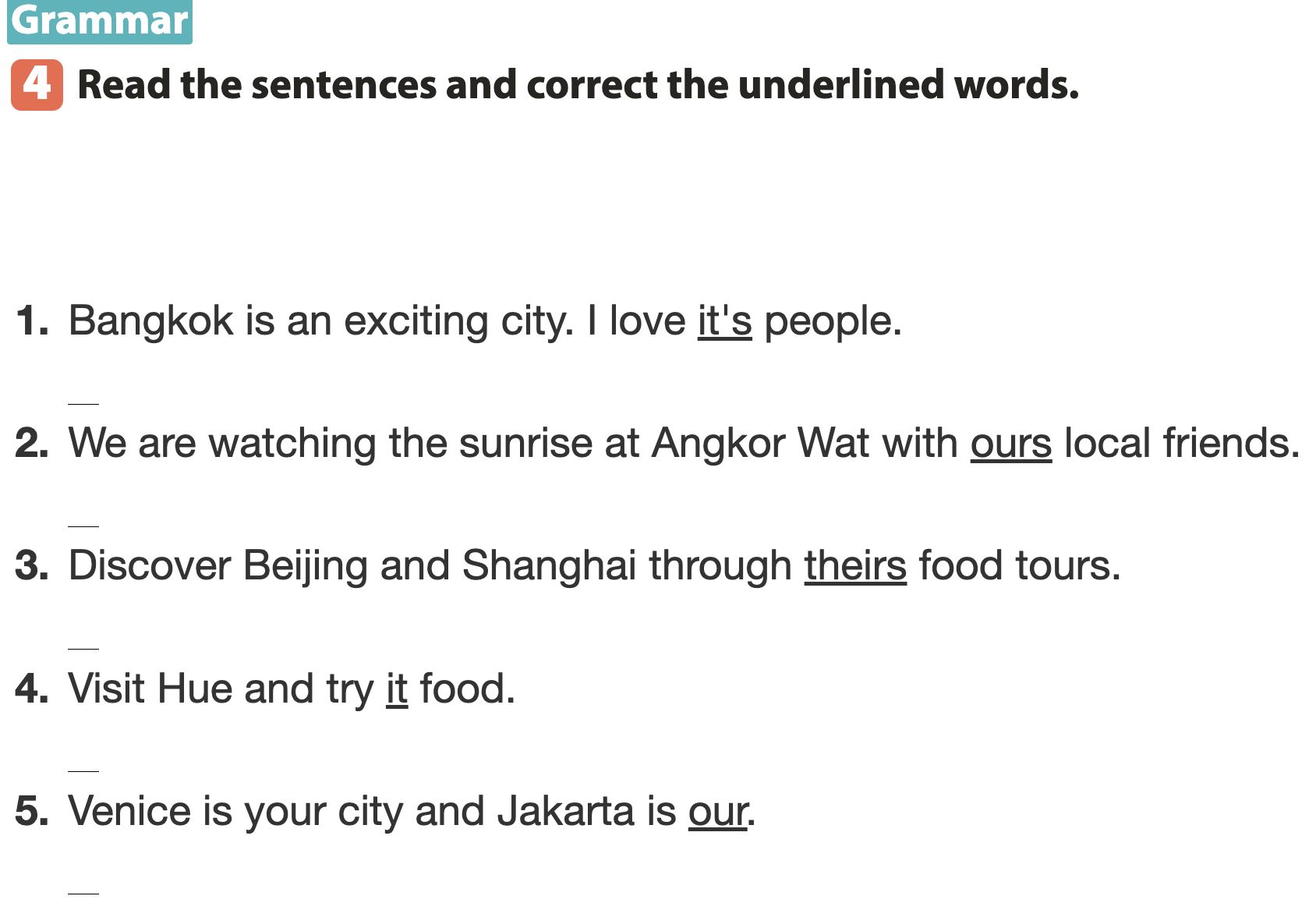 Chữa sách giáo khoa tiếng Anh lớp 6 - Unit 9 - Looking Back bài 4 grammar