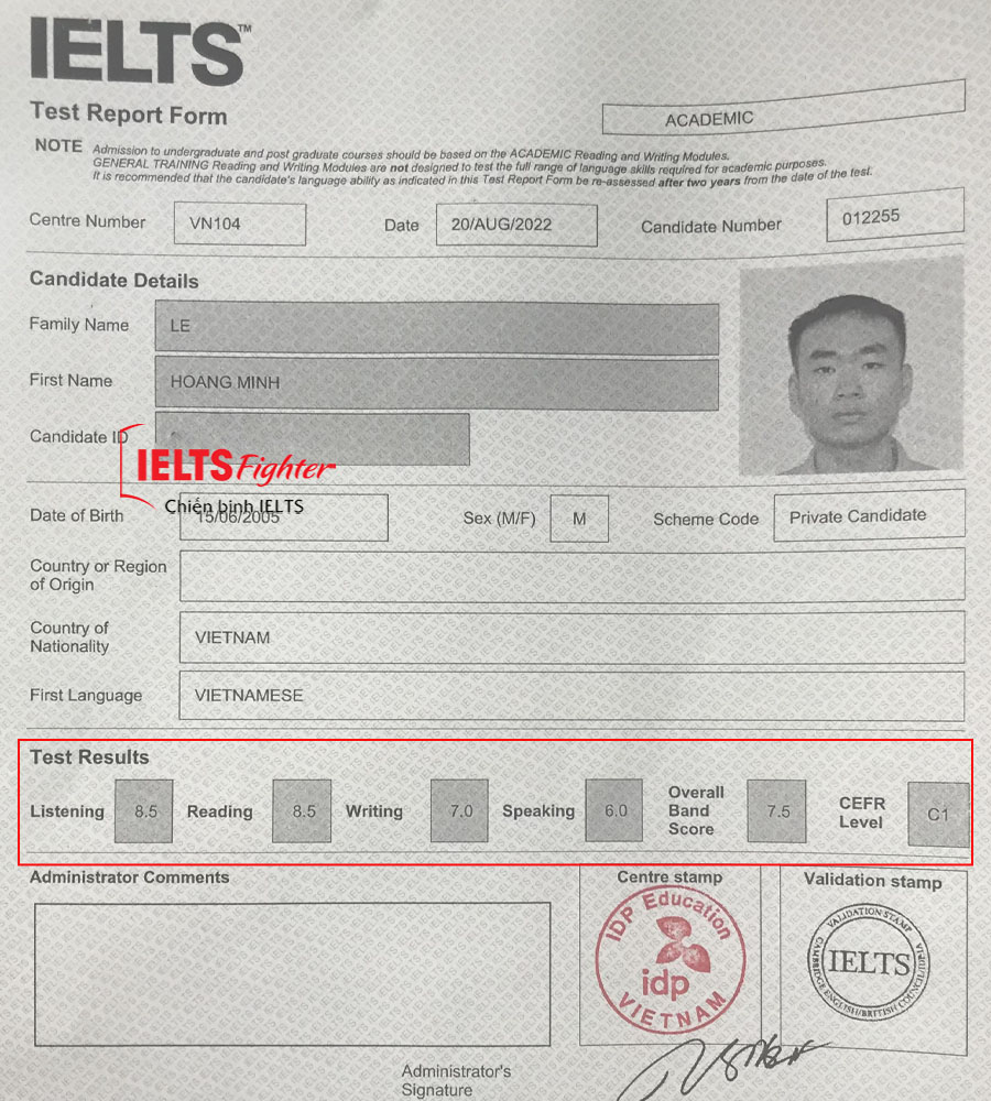 bảng điểm minh ho&agrave;ng 7.5 IELTS