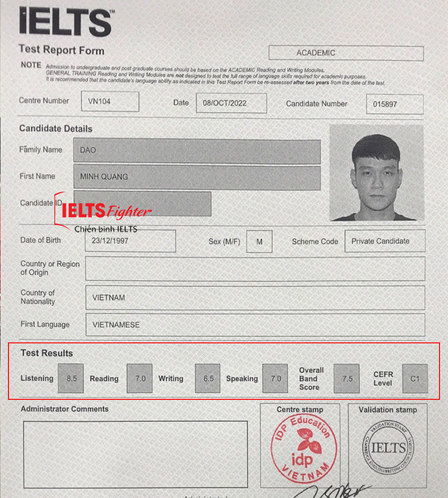bảng điểm minh quang 7.5 IELTS